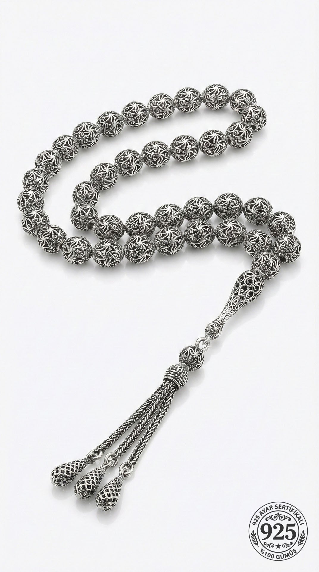 925 Ayar Küre Kesim 3 Kamçılı Püskül Bilek Boy Spiral Desenli Otantik Gümüş Tesbih