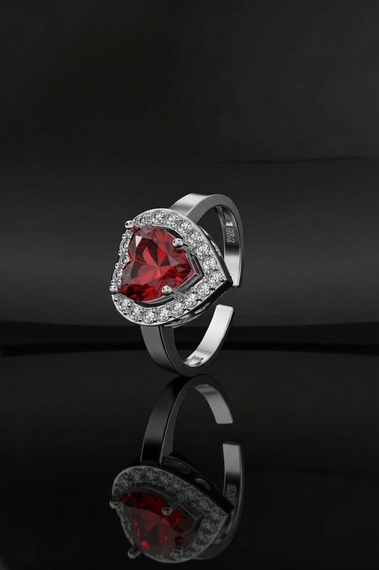 925 Ayar Lal Taşlı Rodyum Pırlanta Işıltılı Kalp Ayarlanabilir Gümüş Yüzük