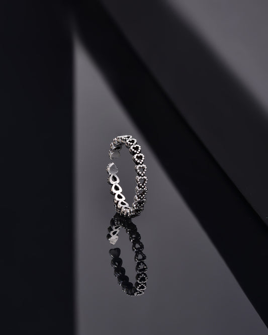 925 Ayar Oksitli Sıralı Tamtur Kalp Ayarlanabilir Gümüş Yüzük