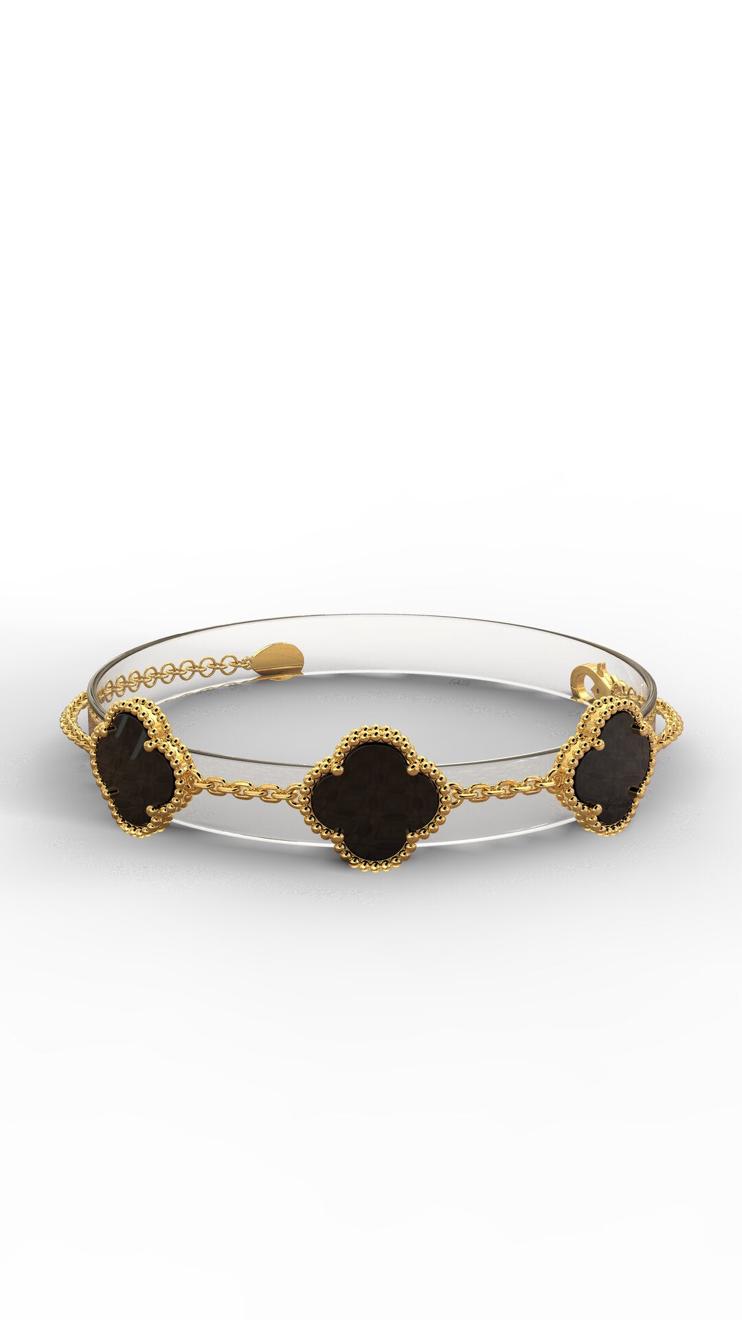 925 Ayar Oniks Taşlı Gold Van Cleef Üçlü Yonca Gümüş Bileklik