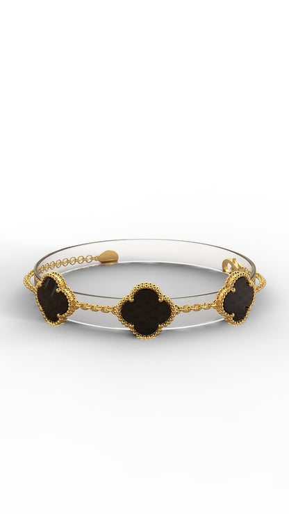 925 Ayar Oniks Taşlı Gold Van Cleef Üçlü Yonca Gümüş Bileklik