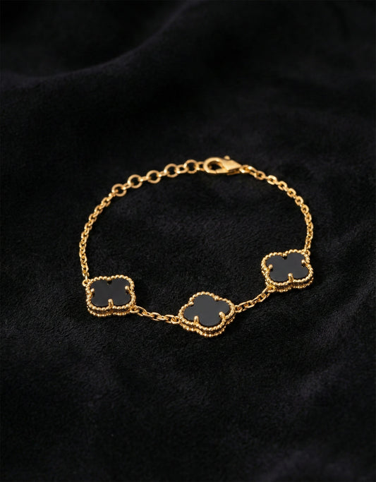925 Ayar Oniks Taşlı Gold Van Cleef Üçlü Yonca Gümüş Bileklik