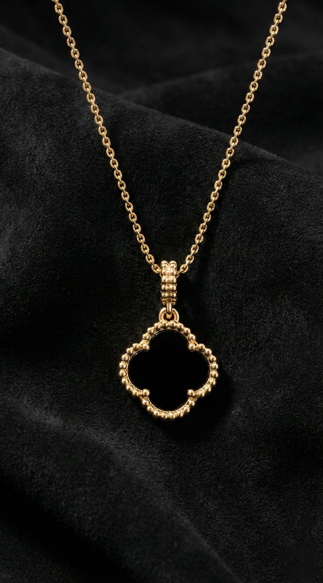 925 Ayar Oniks Taşlı Gold Van Cleef Yonca Gümüş Kolye