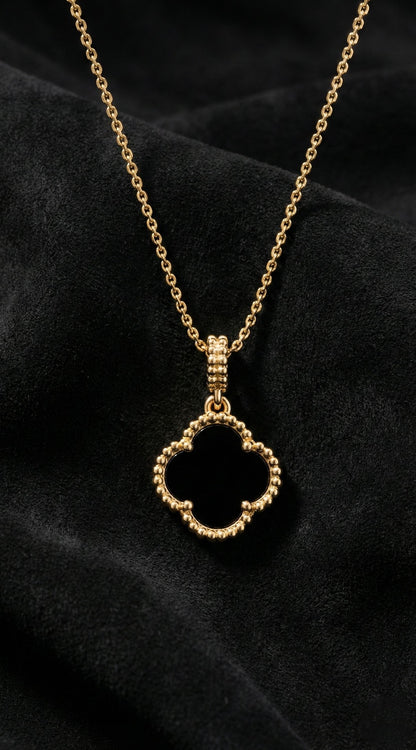 925 Ayar Oniks Taşlı Gold Van Cleef Yonca Gümüş Kolye