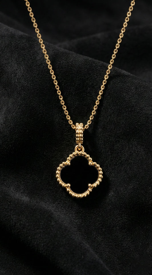 925 Ayar Oniks Taşlı Gold Van Cleef Yonca Gümüş Kolye