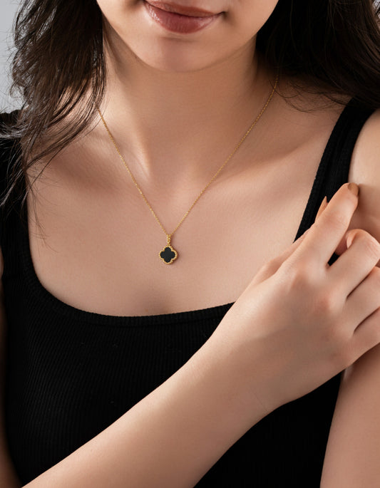 925 Ayar Oniks Taşlı Gold Van Cleef Yonca Gümüş Kolye
