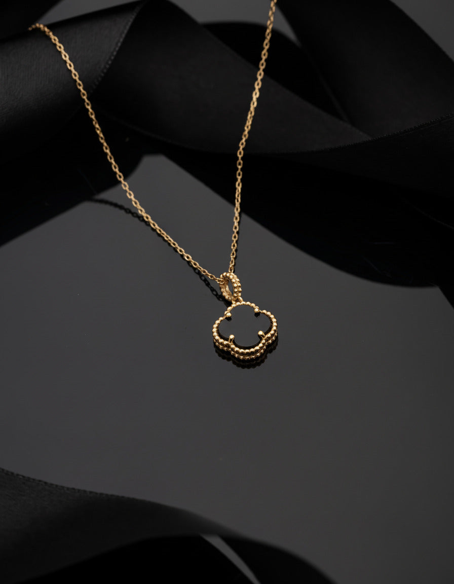 925 Ayar Oniks Taşlı Gold Van Cleef Yonca Gümüş Kolye