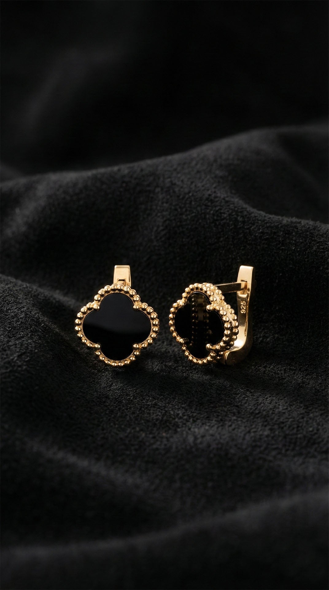 925 Ayar Oniks Taşlı Gold Van Cleef Yonca Gümüş Küpe