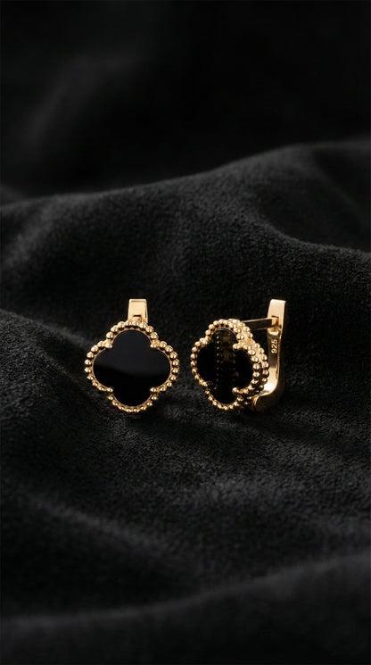 925 Ayar Oniks Taşlı Gold Van Cleef Yonca Gümüş Küpe