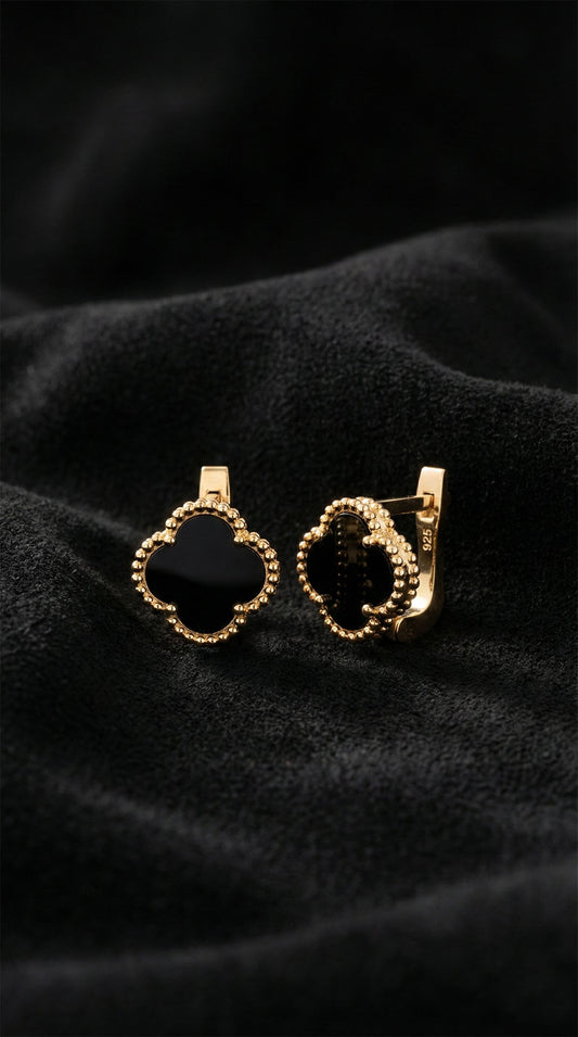 925 Ayar Oniks Taşlı Gold Van Cleef Yonca Gümüş Küpe