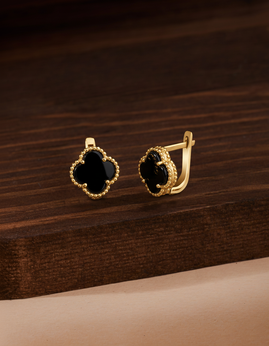 925 Ayar Oniks Taşlı Gold Van Cleef Yonca Gümüş Küpe