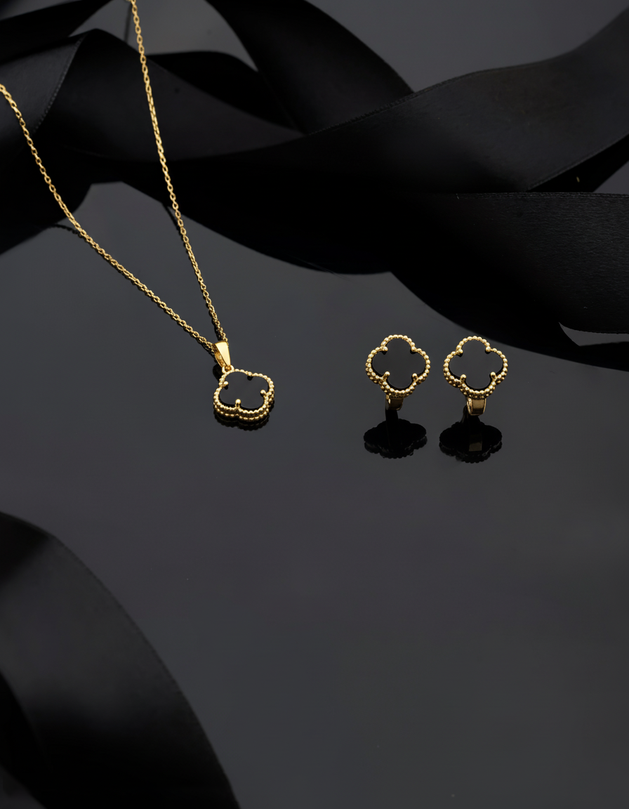 925 Ayar Oniks Taşlı Gold Yonca Kolye Küpe 2'li Gümüş Set-Takım