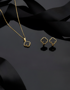 925 Ayar Oniks Taşlı Gold Yonca Kolye Küpe 2'li Gümüş Set-Takım