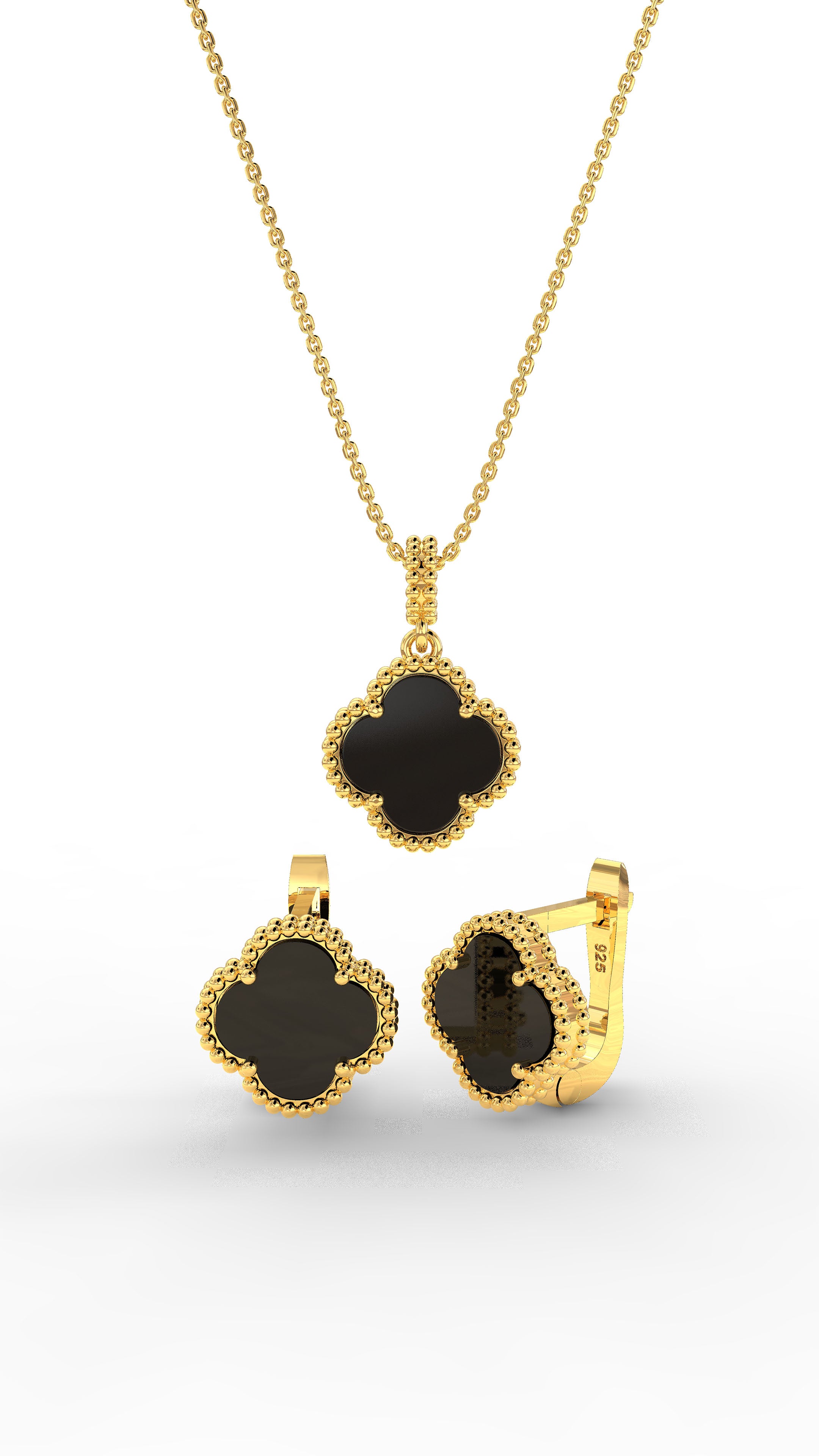 925 Ayar Oniks Taşlı Gold Yonca Kolye Küpe 2'li Gümüş Set-Takım