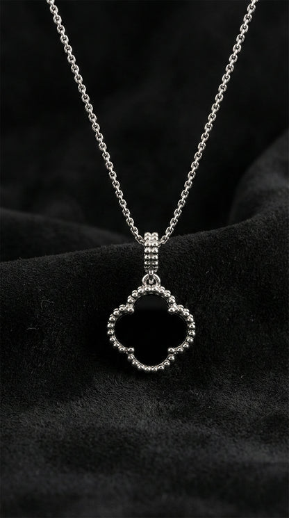 925 Ayar Oniks Taşlı Rodyum Van Cleef Yonca Gümüş Kolye