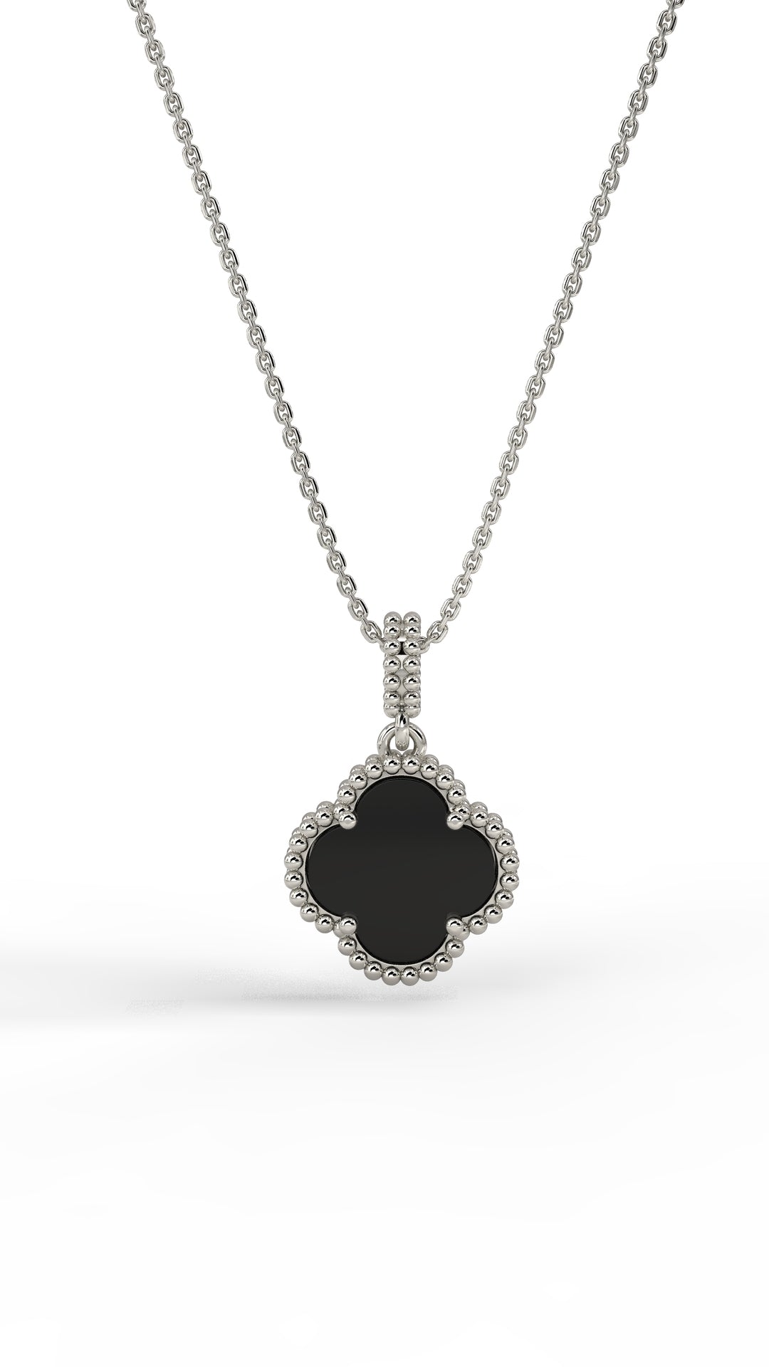 925 Ayar Oniks Taşlı Rodyum Van Cleef Yonca Gümüş Kolye