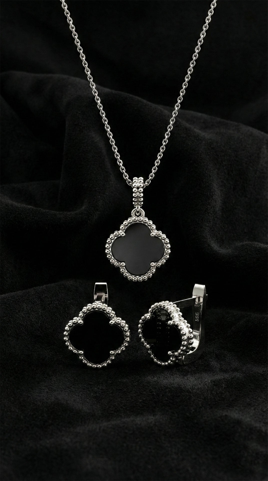 925 Ayar Oniks Taşlı Rodyum Van Cleef Yonca Kolye Küpe 2'li Gümüş Set-Takım