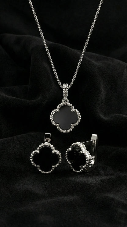 925 Ayar Oniks Taşlı Rodyum Van Cleef Yonca Kolye Küpe 2'li Gümüş Set-Takım