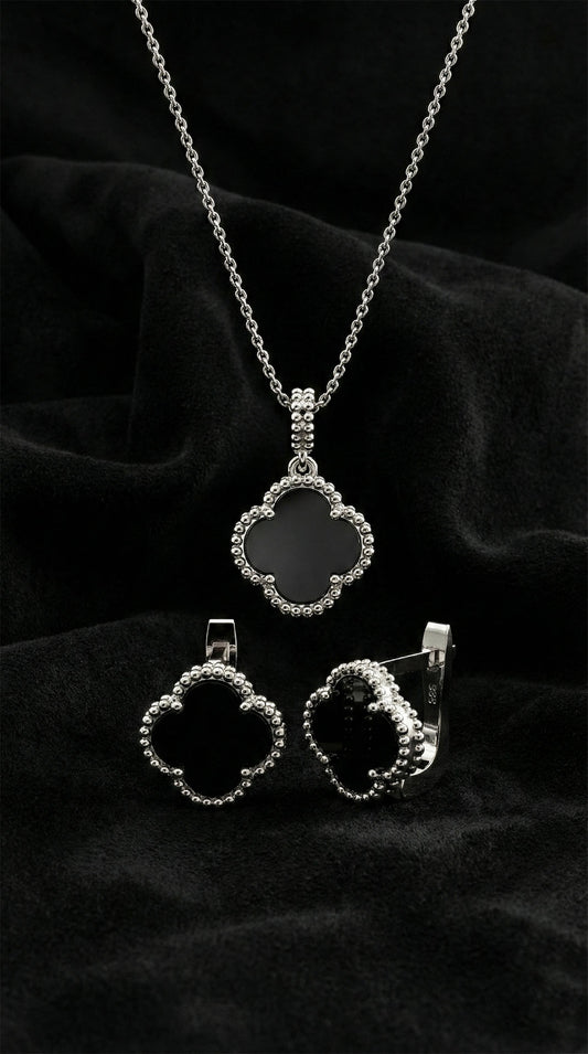 925 Ayar Oniks Taşlı Rodyum Van Cleef Yonca Kolye Küpe 2'li Gümüş Set-Takım