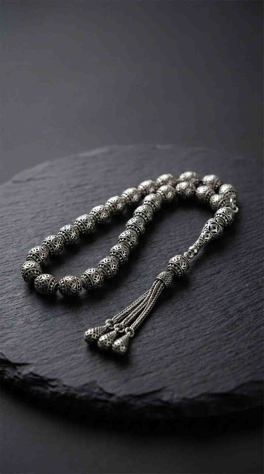 925 Ayar Oval Kesim 3 Kamçılı Püskül Orta Boy Çizgi Desenli Otantik Gümüş Tesbih