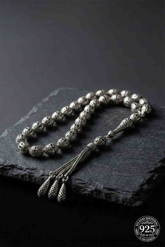 925 Ayar Oval Kesim 3 Kamçılı Püskül Orta Boy Füzyon İşlemeli Otantik Gümüş Tesbih