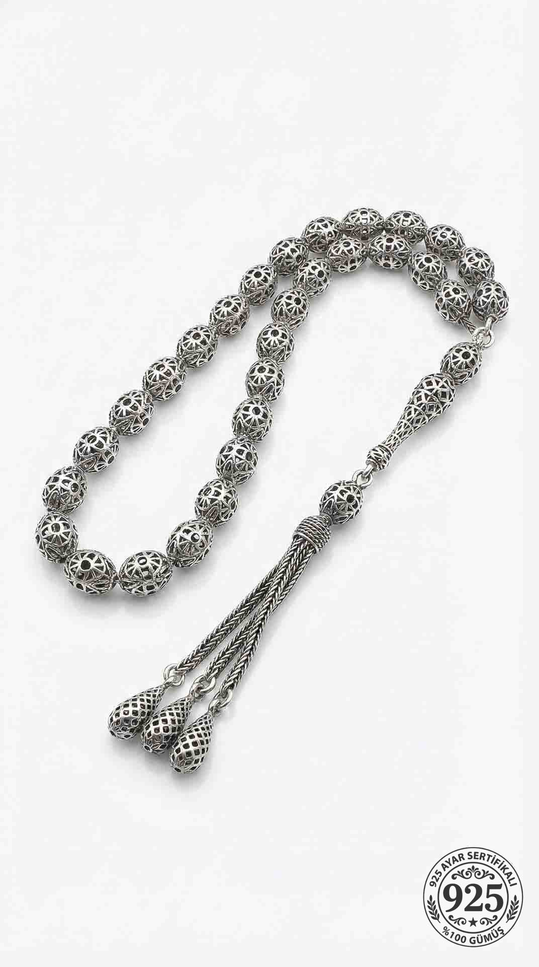 925 Ayar Oval Kesim 3 Kamçılı Püskül Orta Boy Füzyon İşlemeli Otantik Gümüş Tesbih