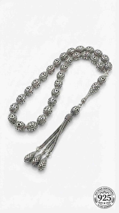 925 Ayar Oval Kesim 3 Kamçılı Püskül Orta Boy Füzyon İşlemeli Otantik Gümüş Tesbih