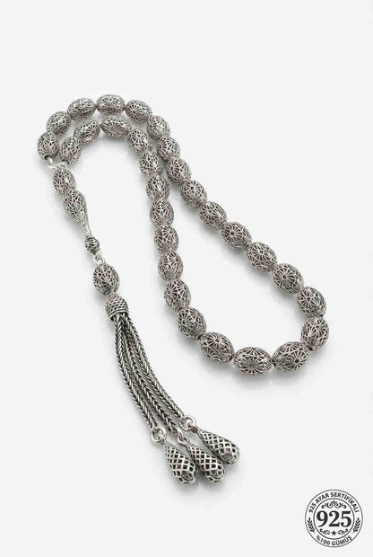 925 Ayar Oval Kesim 3 Kamçılı Püskül Orta Boy İstiridye Desenli Otantik Gümüş Tesbih