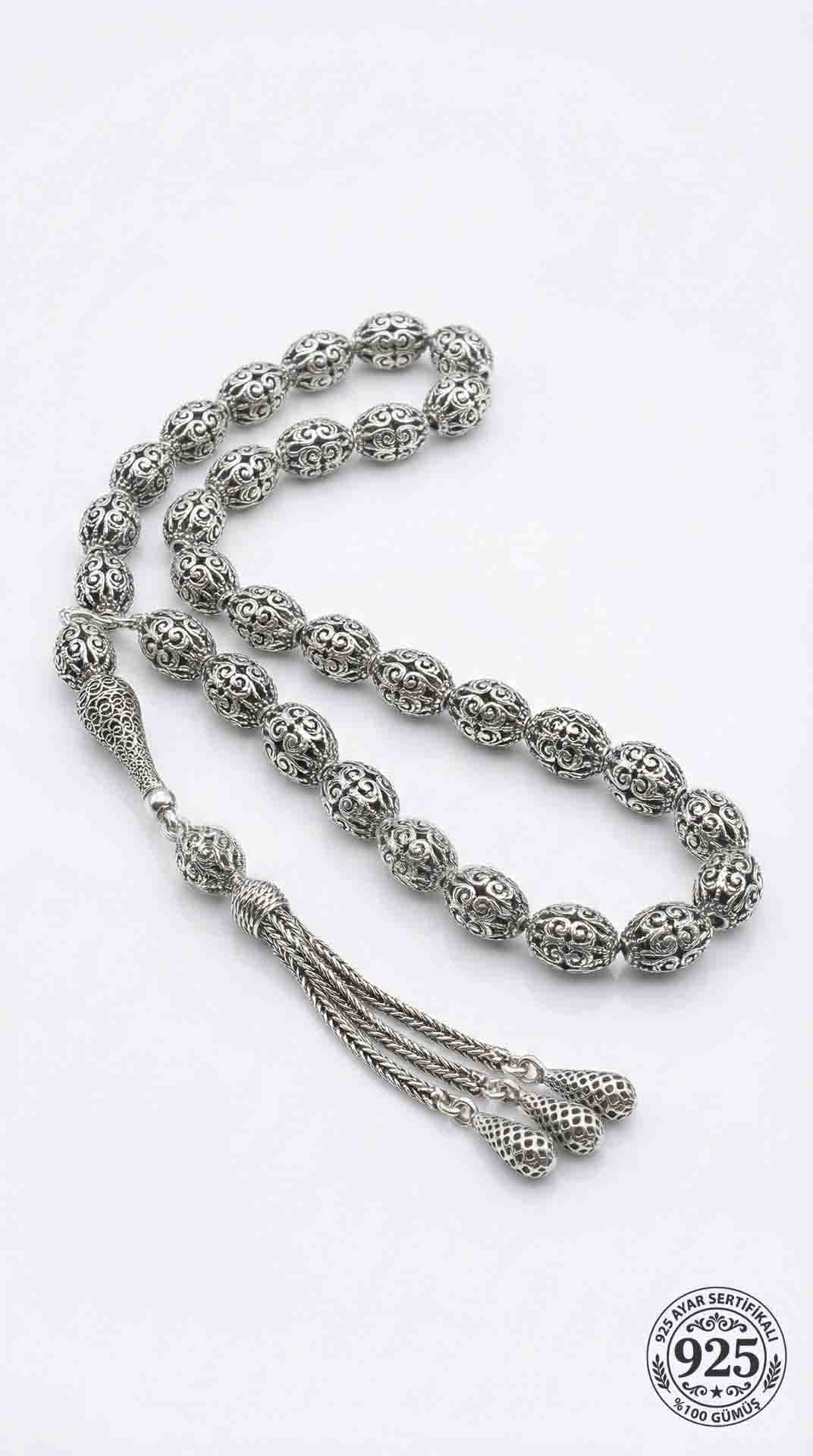 925 Ayar Oval Kesim 3 Kamçılı Püskül Orta Boy Lale Desenli Otantik Gümüş Tesbih