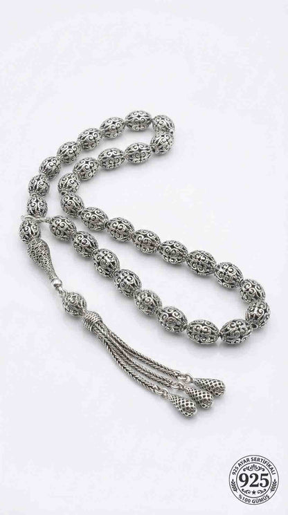 925 Ayar Oval Kesim 3 Kamçılı Püskül Orta Boy Lale Desenli Otantik Gümüş Tesbih