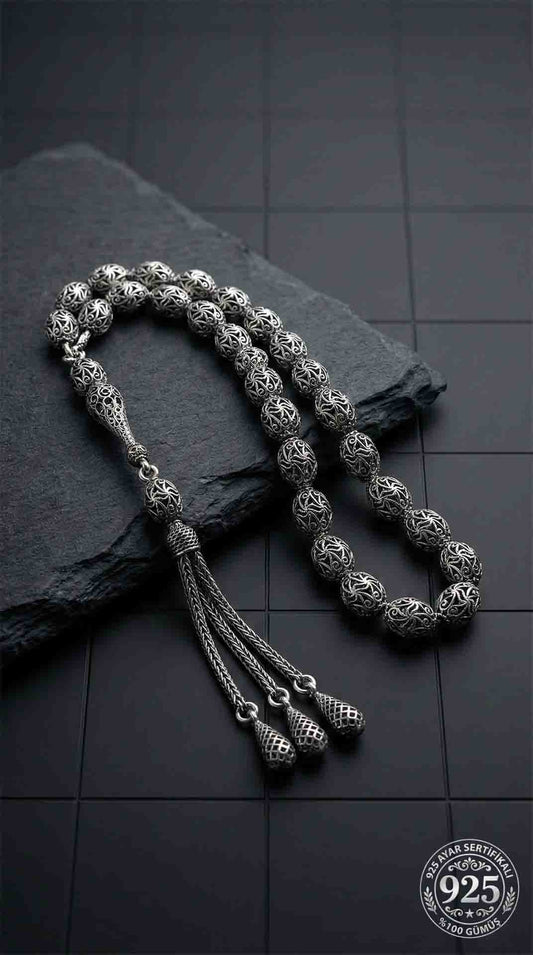 925 Ayar Oval Kesim 3 Kamçılı Püskül Orta Boy Spiral Desenli Otantik Gümüş Tesbih