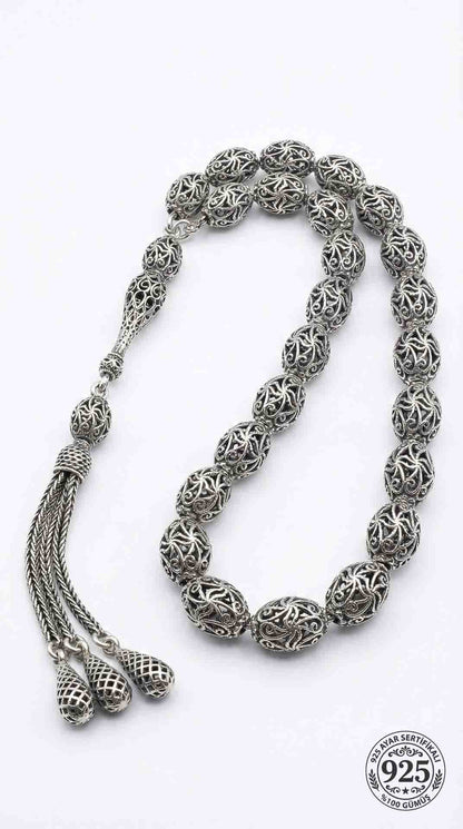 925 Ayar Oval Kesim 3 Kamçılı Püskül Orta Boy Spiral Desenli Otantik Gümüş Tesbih