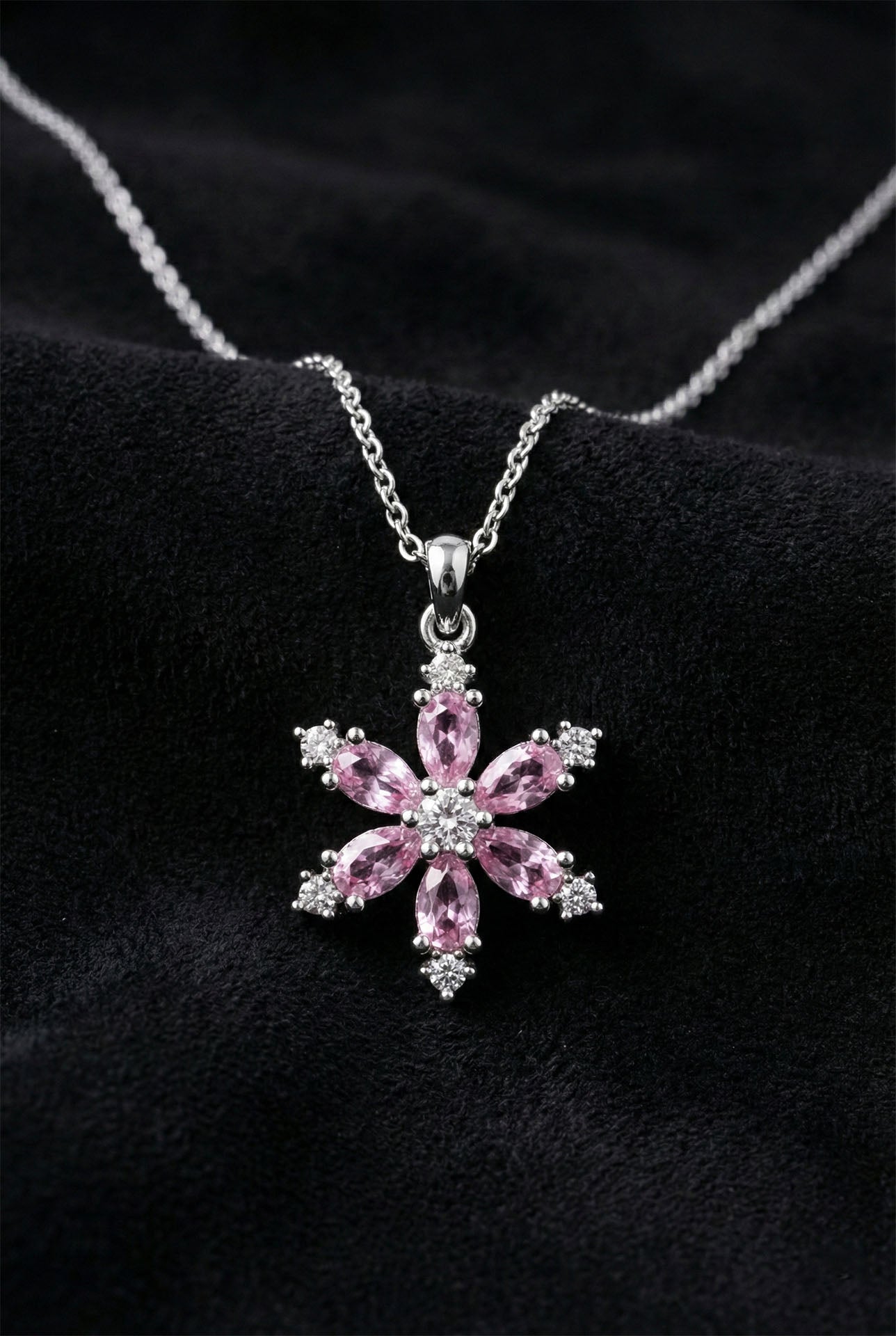 925 Ayar Pembe Kuvars Taşlı Rodyum Lotus Çiçeği Gümüş Kolye