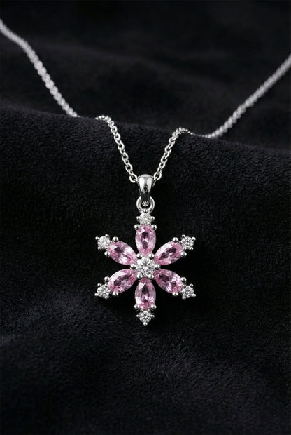 925 Ayar Pembe Kuvars Taşlı Rodyum Lotus Çiçeği Gümüş Kolye