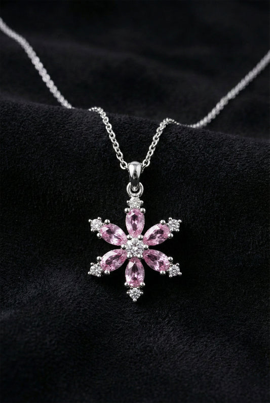 925 Ayar Pembe Kuvars Taşlı Rodyum Lotus Çiçeği Gümüş Kolye