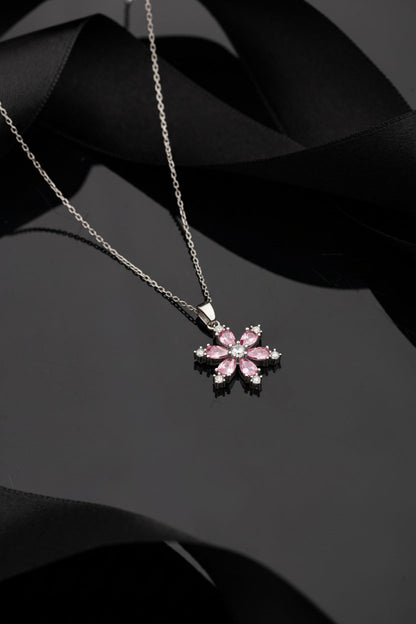 925 Ayar Pembe Kuvars Taşlı Rodyum Lotus Çiçeği Gümüş Kolye