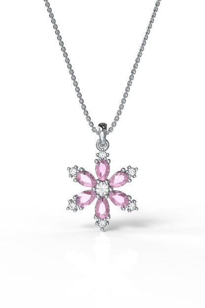 925 Ayar Pembe Kuvars Taşlı Rodyum Lotus Çiçeği Gümüş Kolye