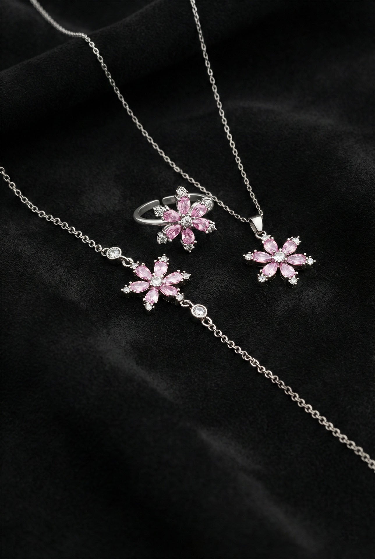 925 Ayar Pembe Taşlı Rodyum Lotus Çiçeği 3'lü Gümüş Set