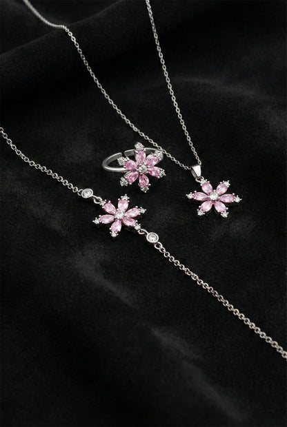 925 Ayar Pembe Taşlı Rodyum Lotus Çiçeği 3'lü Gümüş Set