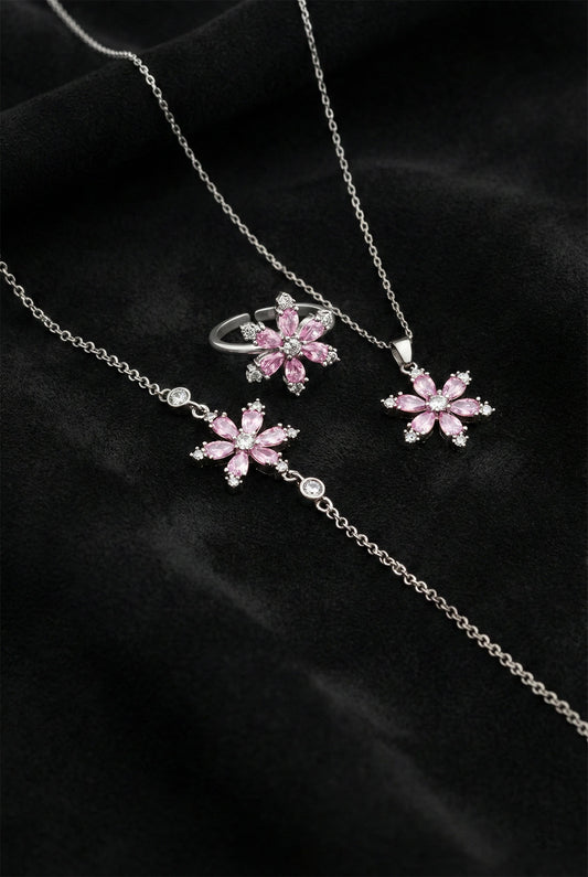 925 Ayar Pembe Taşlı Rodyum Lotus Çiçeği 3'lü Gümüş Set