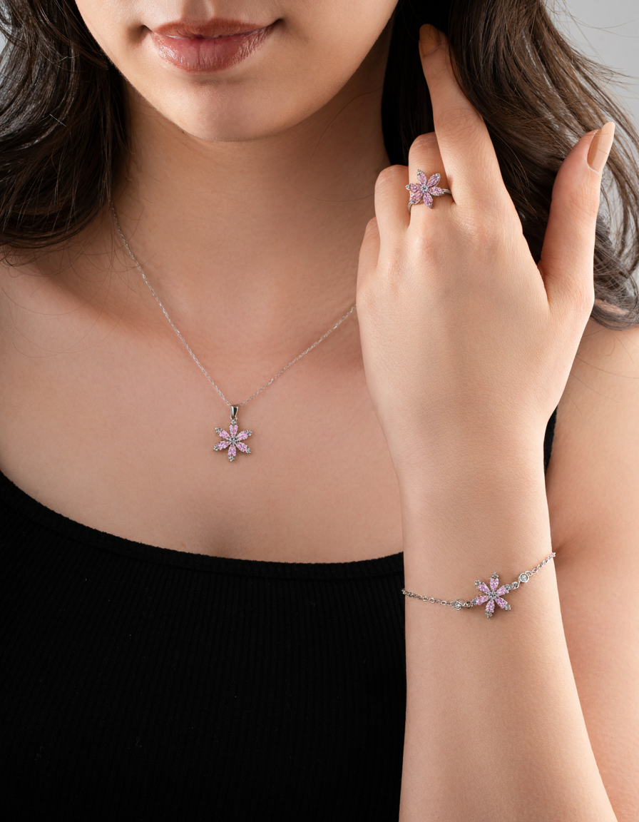 925 Ayar Pembe Taşlı Rodyum Lotus Çiçeği 3'lü Gümüş Set