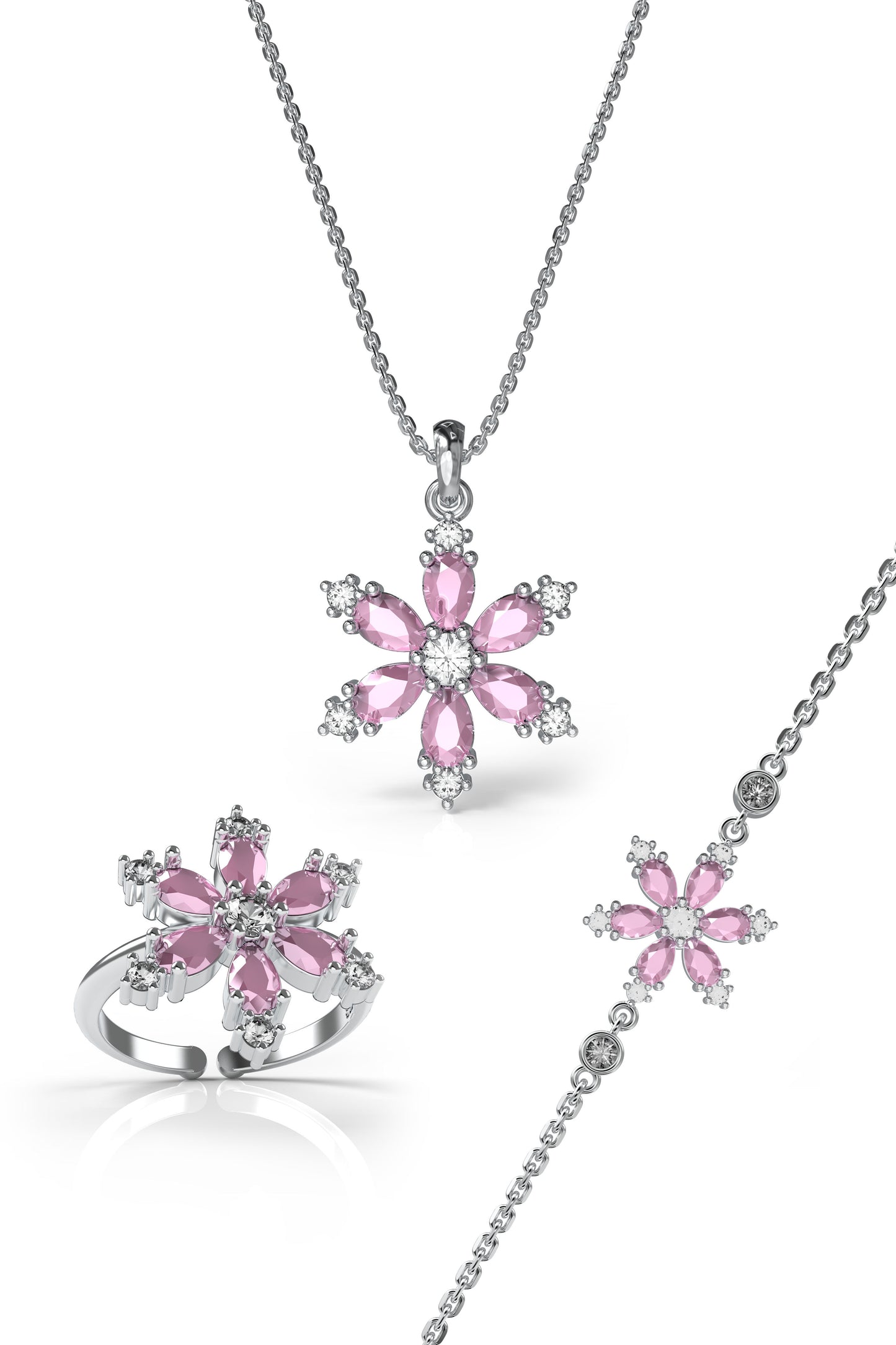 925 Ayar Pembe Taşlı Rodyum Lotus Çiçeği 3'lü Gümüş Set