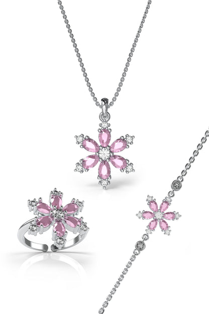 925 Ayar Pembe Taşlı Rodyum Lotus Çiçeği 3'lü Gümüş Set
