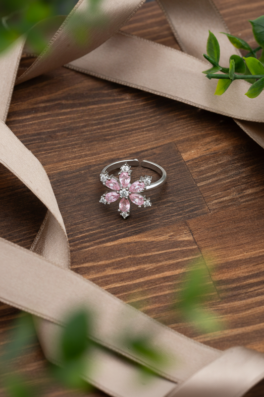 925 Ayar Pembe Taşlı Rodyum Lotus Çiçeği Ayarlanabilir Gümüş Yüzük