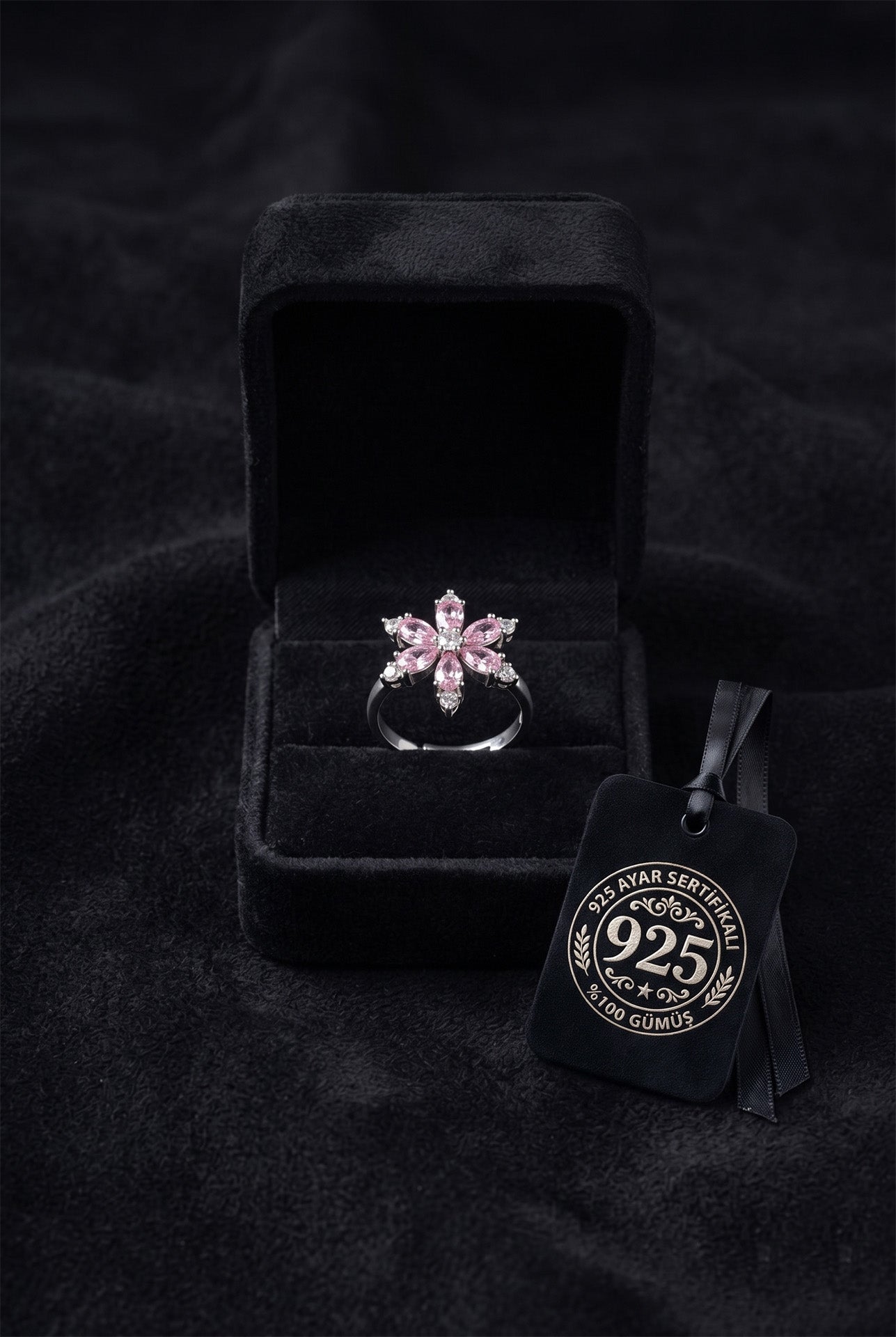 925 Ayar Pembe Taşlı Rodyum Lotus Çiçeği Ayarlanabilir Gümüş Yüzük