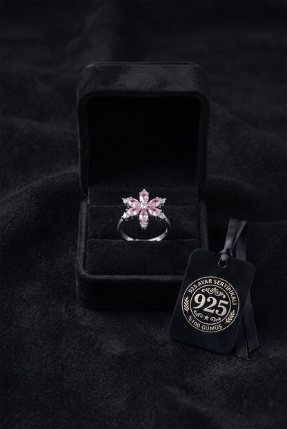 925 Ayar Pembe Taşlı Rodyum Lotus Çiçeği Ayarlanabilir Gümüş Yüzük