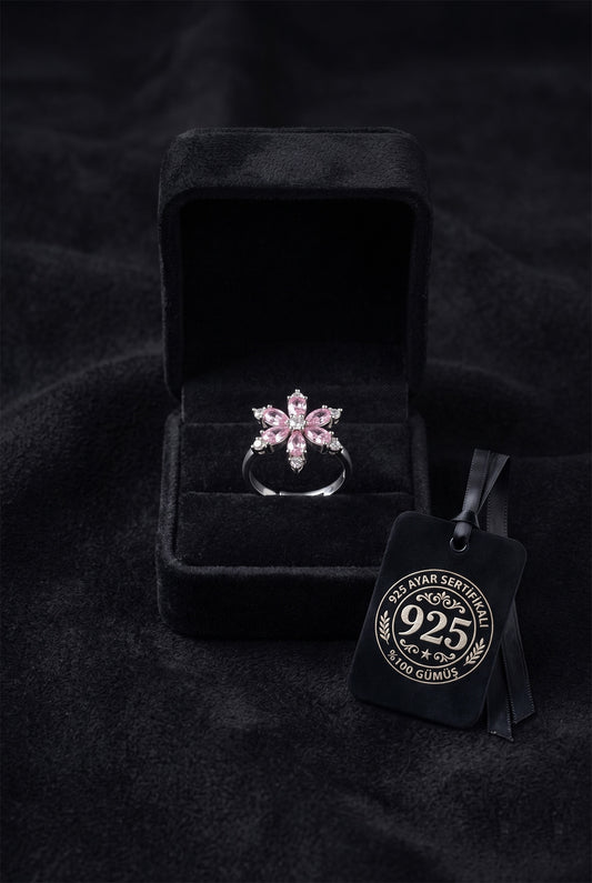 925 Ayar Pembe Taşlı Rodyum Lotus Çiçeği Ayarlanabilir Gümüş Yüzük