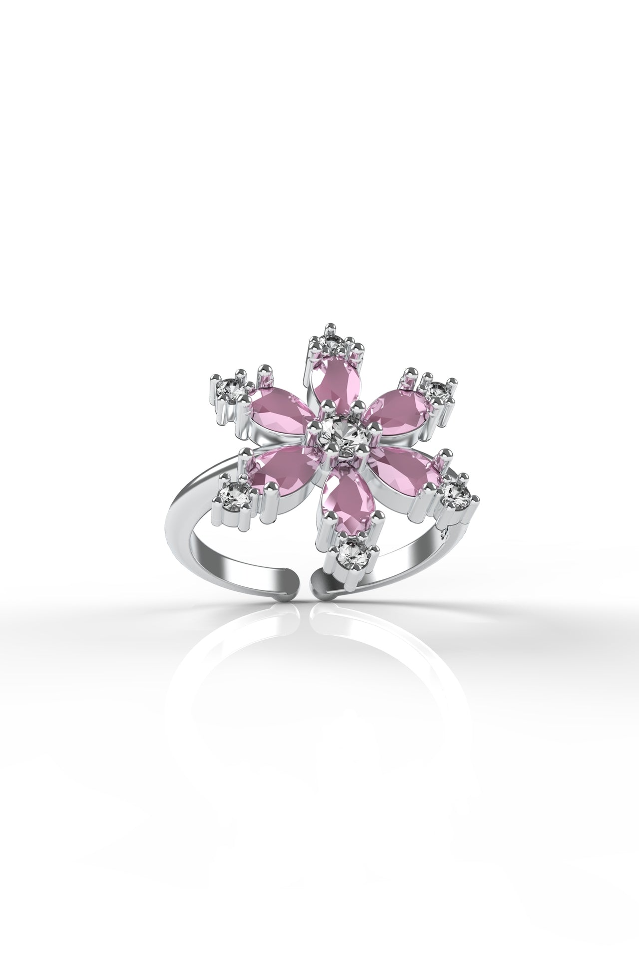 925 Ayar Pembe Taşlı Rodyum Lotus Çiçeği Ayarlanabilir Gümüş Yüzük