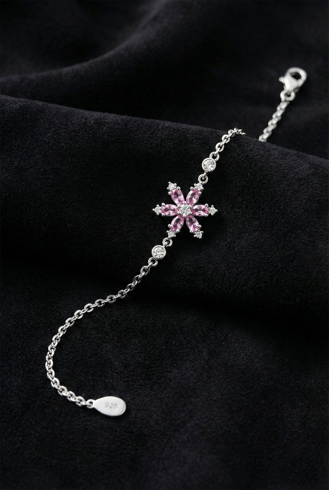925 Ayar Pembe Taşlı Rodyum Lotus Çiçeği Gümüş Bileklik