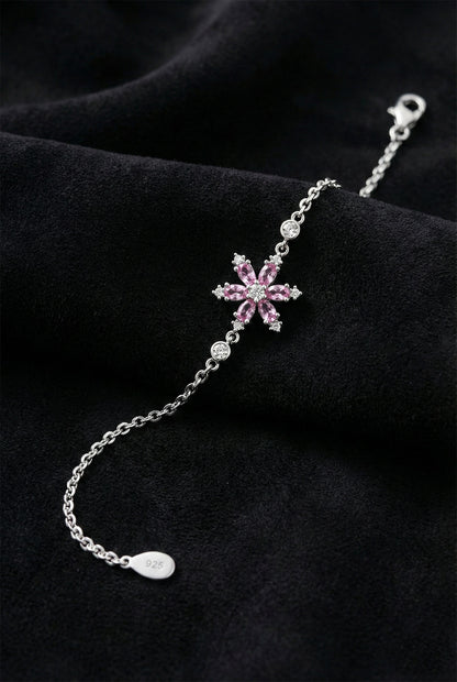 925 Ayar Pembe Taşlı Rodyum Lotus Çiçeği Gümüş Bileklik